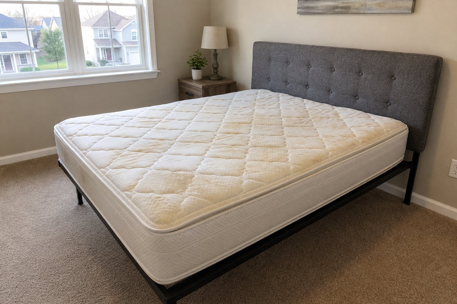 Stained mattress before and after professional cleaning before cleaning