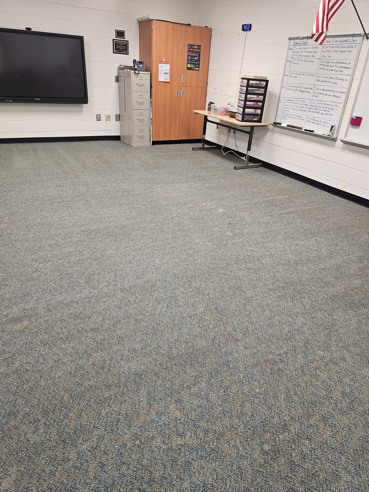 Wide classroom carpet stain removal after cleaning